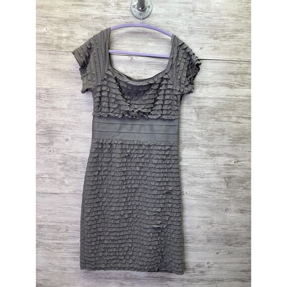 Max Studio Dress Womens L Gray Ruffle Short Sleeve Stretch Midi - Picture 1 of 8